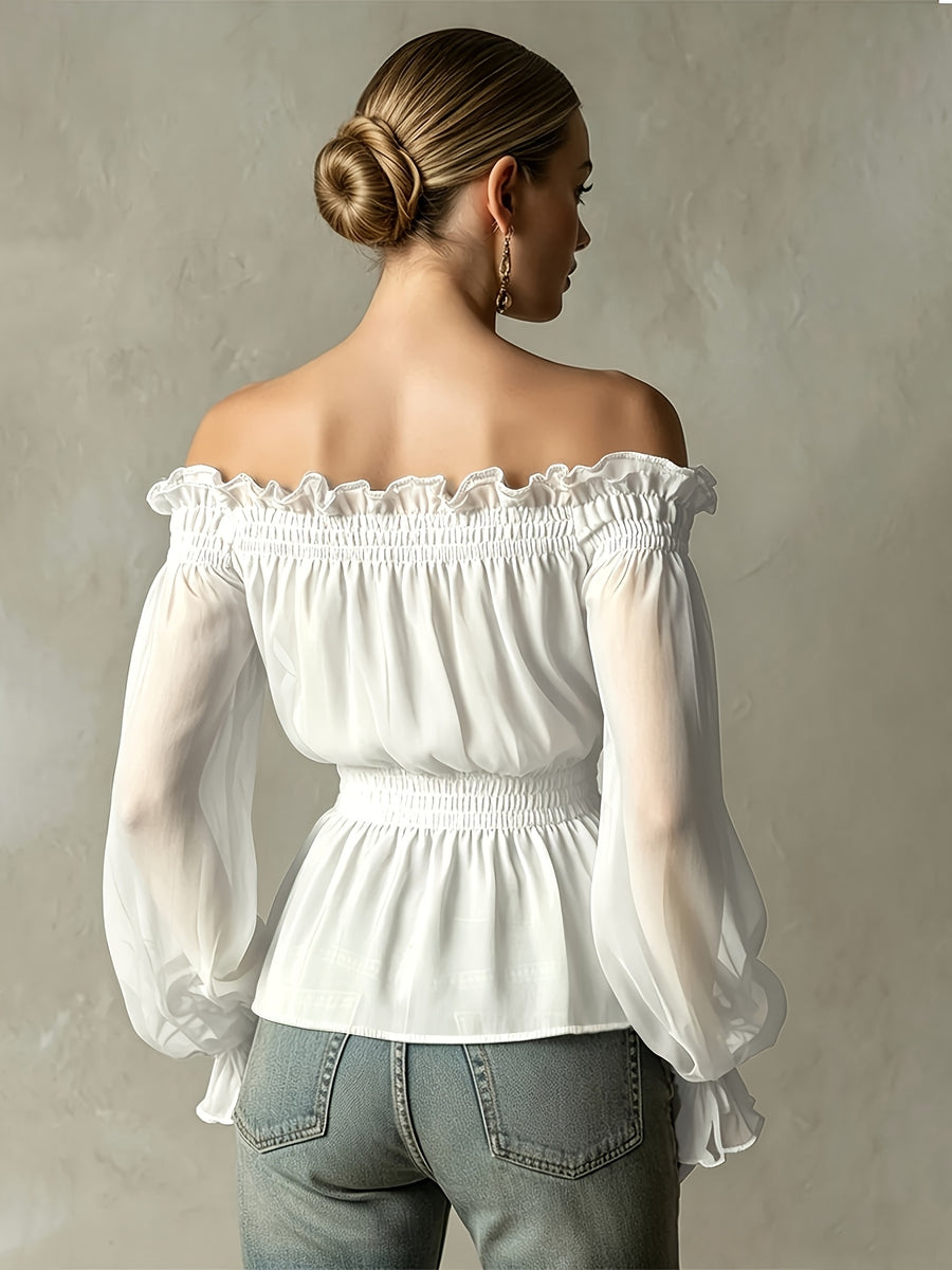 Fashionable Retro Ruffle Brown Off-Shoulder Women'S Chiffon Shirt Suitable for Spring, Summer And Autumn - White
