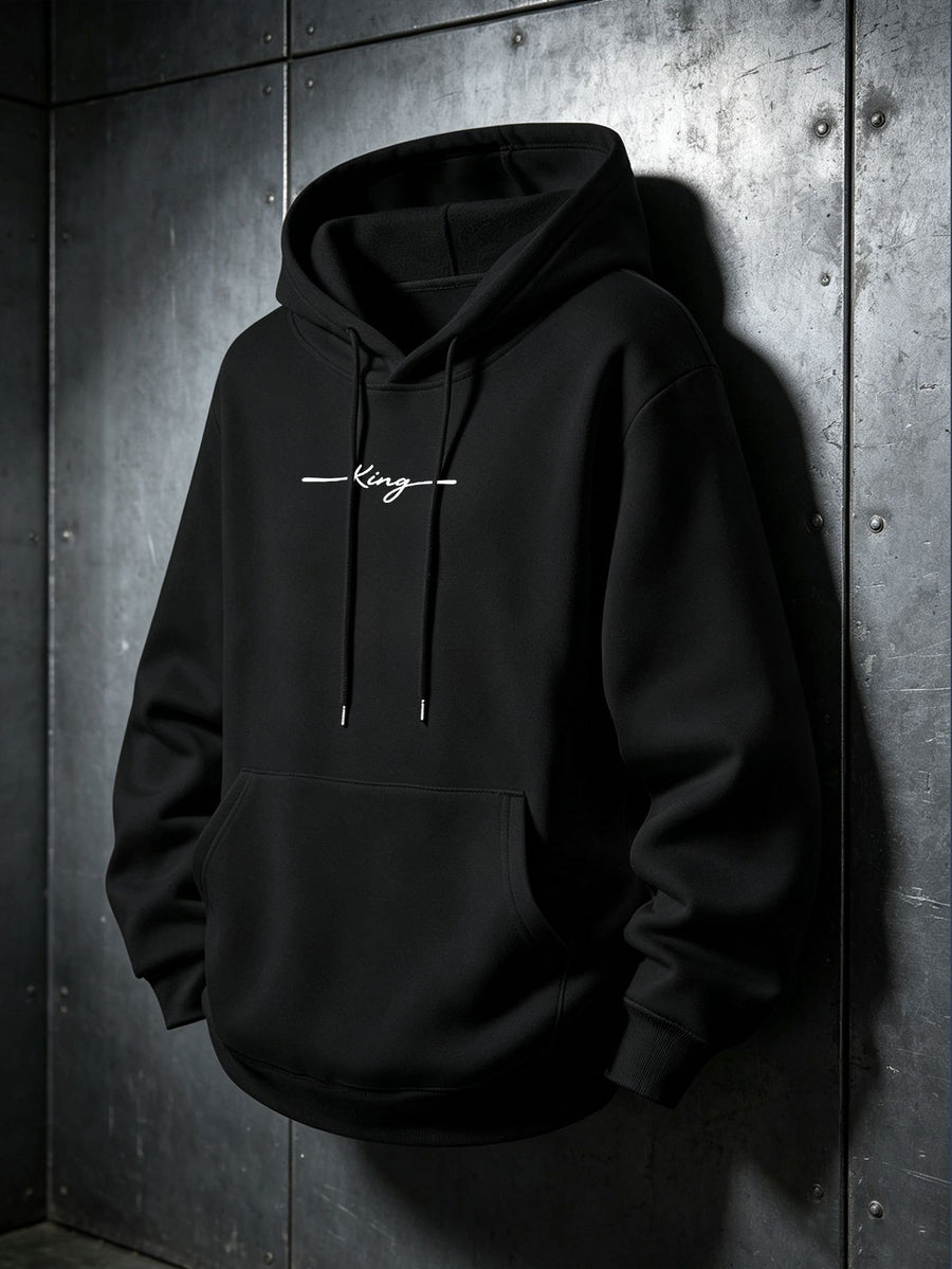 American High Street Handwritten Signature Hooded Sweatshirt for Men, Trendy Casual Pullover Top, Versatile Daily Wear, Slimming Long Sleeve Commuter Hoodie - Black