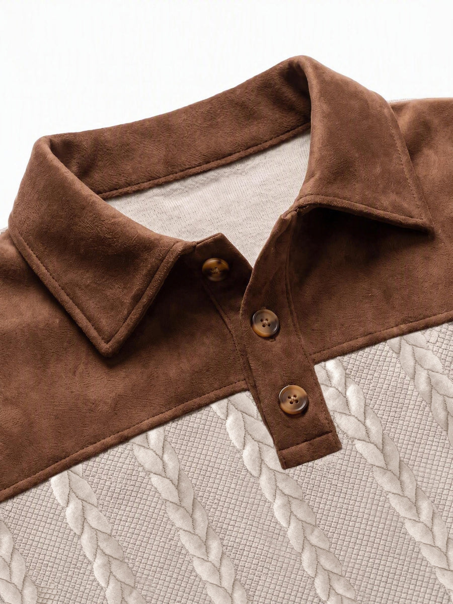 New Men's Autumn/Winter Brushed Ribbed Cable Knit Casual Color-Block Jacquard Long Sleeve Patchwork Plush Sport Henley High-Neck Top - Khaki