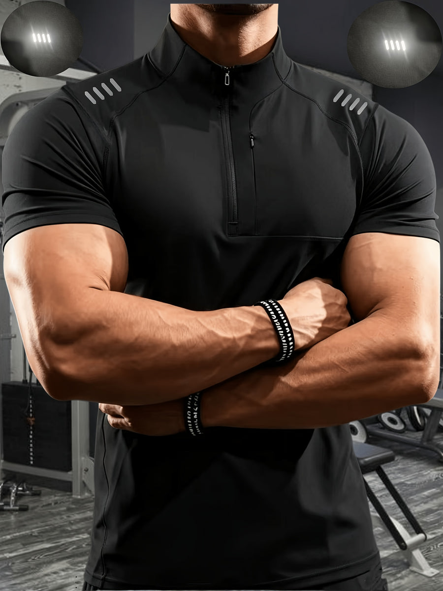 Men'S Muscular Fitness High-Elastic Training Quick-Dry Fitness Wear, Individual Print Patterns, Slim Fit Summer Casual Short Sleeve Shirt T-Shirt - Breathable Elastic Fabric, Stand-Up Collar Design with Open Chest Zipper - Black