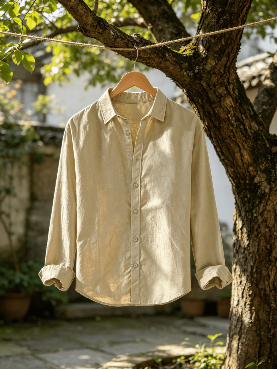 Single Piece Men'S Solid Color Long-Sleeve Shirt, Loose And Soft Button-Up Cardigan Design, Comfortable And Skin-Friendly, Available in Multiple Colors, Versatile for Daily Wear And Outdoor Adventures - Khaki