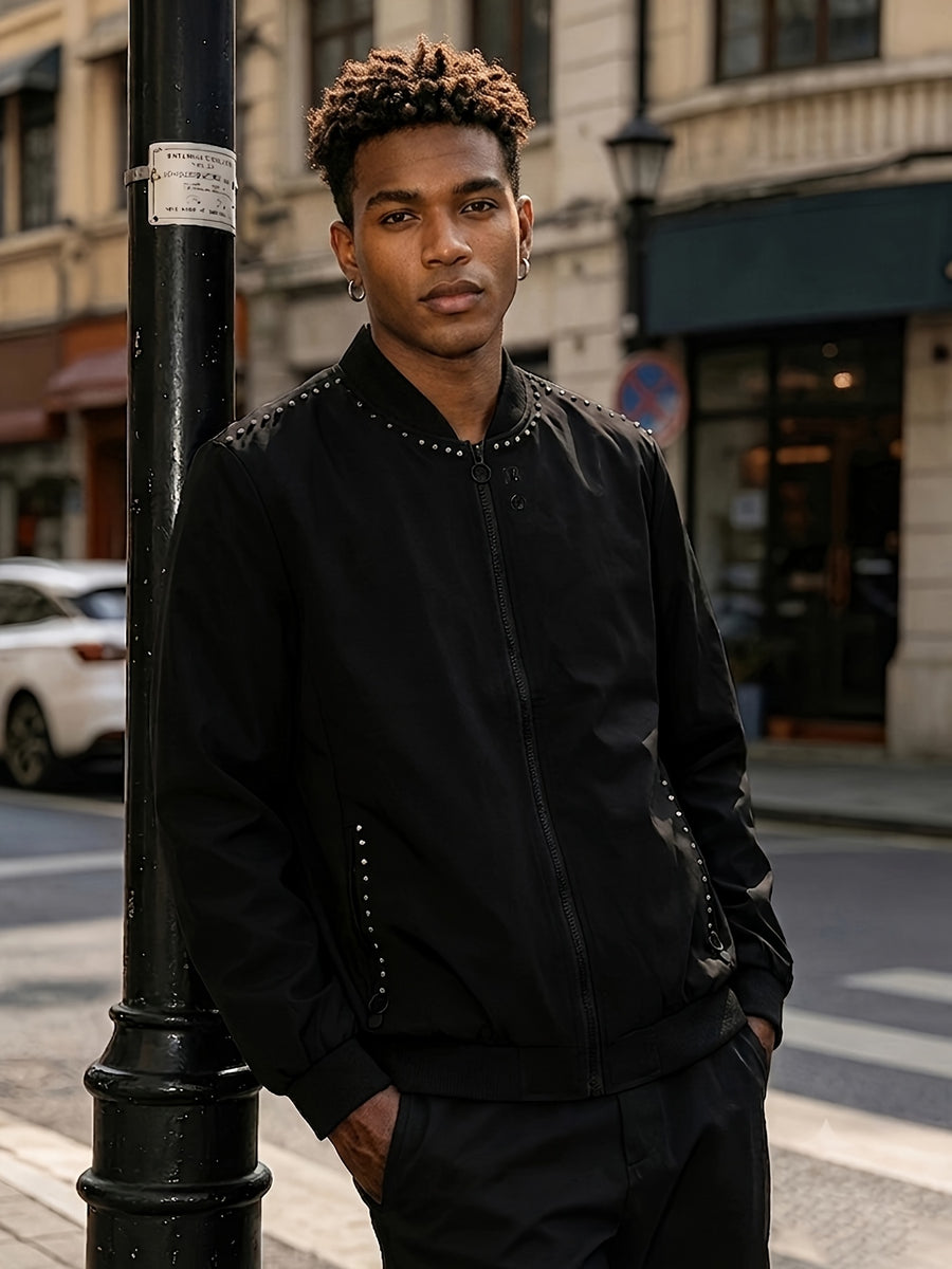 Men's Slim-Fit Stand Collar Lightweight Zip-Up Jacket with Rivet Decoration, Stylish Lightweight Casual Jacket - Black