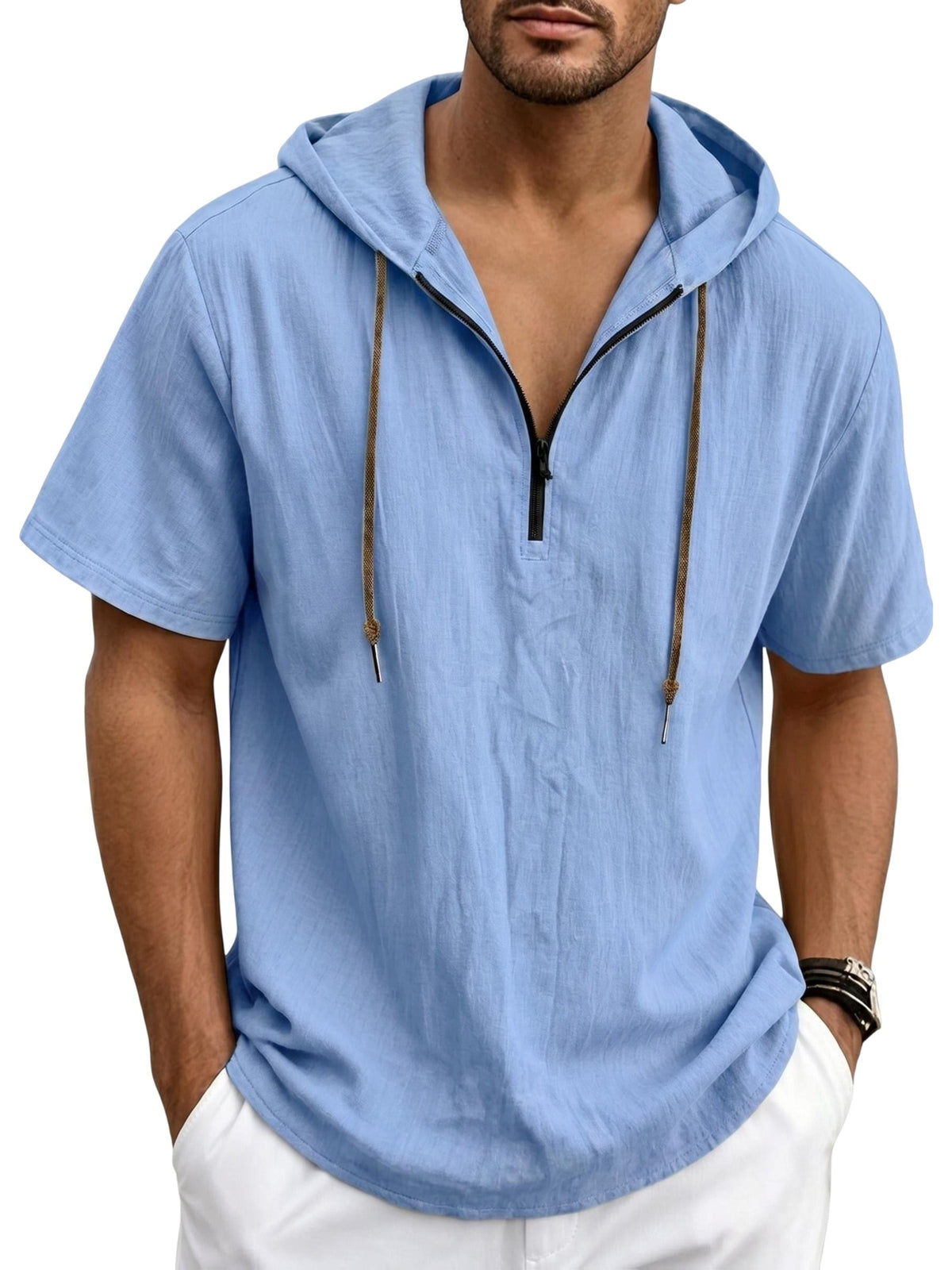 Men's Breathable Half-Zip Hooded Short-Sleeve T-Shirt - Loose-Fit Linen Summer Top with Zipper Collar, Solid Color Casual Beachwear Suitable for Vacation, Outdoor & Casual Attire, Machine Washable Linen Shirt - Sky Blue