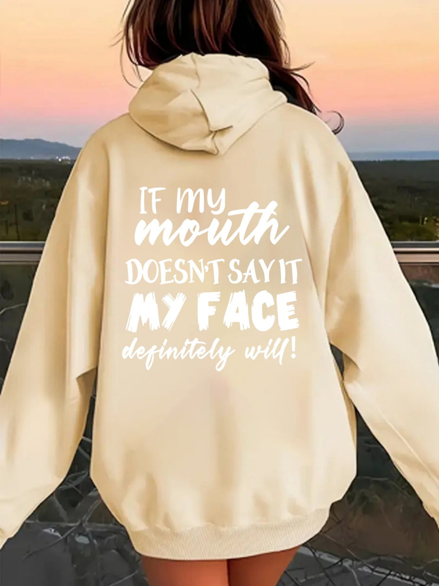 Women's Back Print Hooded Sweatshirt with Back Design - All-Season Casual Sweater, Relaxed Fit Machine Washable Sweaters with Hood, Cozy Sweaters for Women (Geometric/Text/Number/Graphic Prints) - Apricot