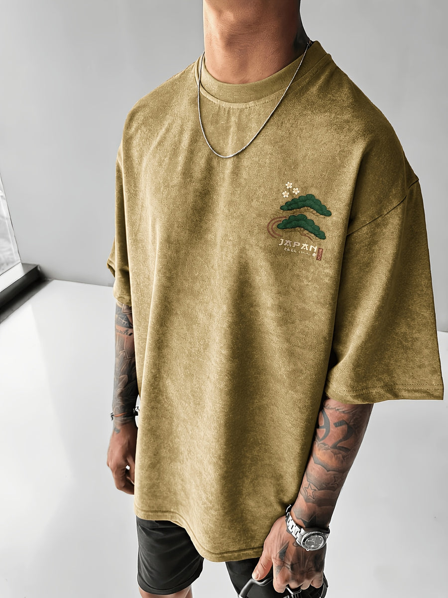 Printed Design - Not Textured: Tang Yunshu American Sporty Style Trendy Men's Japanese National Chic Printed Short Sleeve Shirt, Distressed Washed Finish + Exquisite Crane and Pine Tree Pattern, Crisp Wrinkle-Resistant and Wear-Resistant Fabric - Champagne