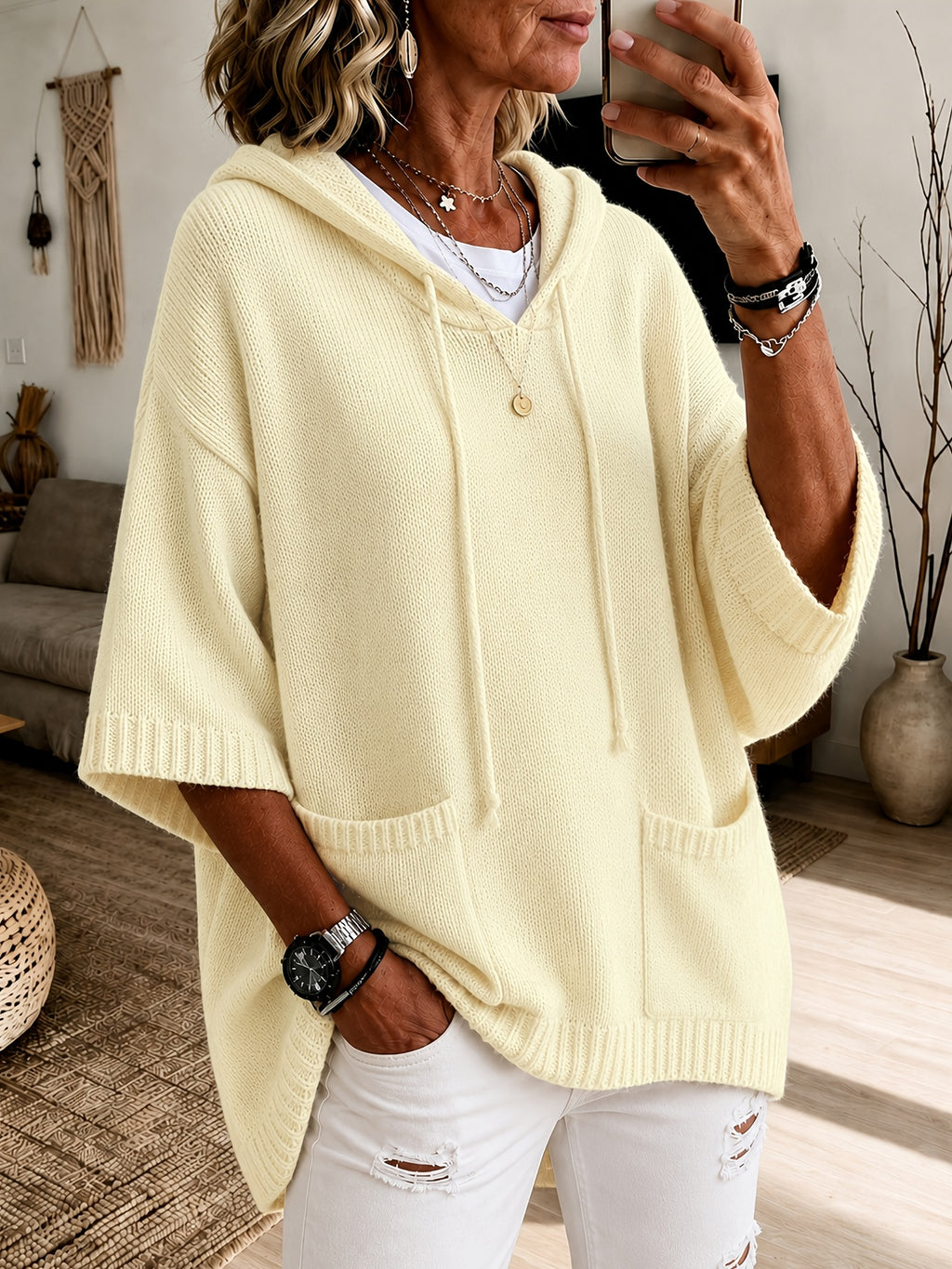 2026 Women'S Fall Winter Solid Color Hooded 3/4 Sleeve Cape Sweater Top with Drawstring And Double Pockets, Casual Easy Fashion Versatile Commute Home Vacation Outfit Pullover Top Women'S Clothing - Off-white