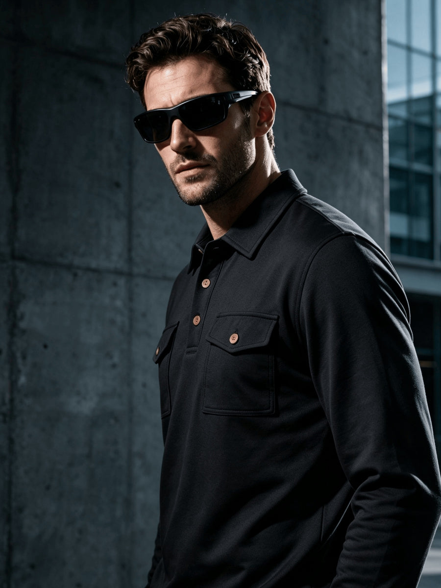 2026 New Men'S Long Sleeve Cargo Polo Sweatshirt, Double Pocket Lapel Design, Autumn Casual Commuter Pullover Top, Christmas Thanksgiving Gift for Boyfriend Husband - Black