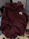 D92 - A Women'S Hooded Sweatshirt Featuring a Trendy And Creative Minimalist NY Letter Print, a Stylish And Loose Retro American Streetwear Design Perfect for Autumn And Winter, Suitable for Daily Commuting And Casual Vacations. Women'S Wear - Deep Red