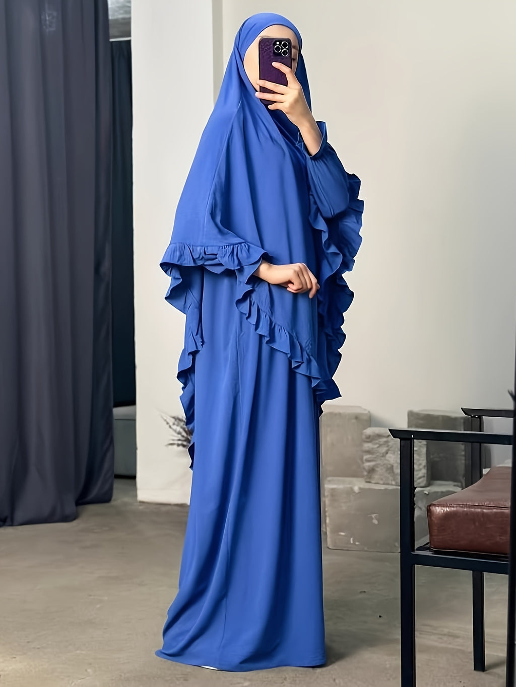 2pcs Set: Middle East Dubai 2pcs Set, Including 1 Solid Color Long Headscarf + 1 Long Robe, Women's Fashion Loose Robe Ramadan Prayer Outfit - Royal Blue