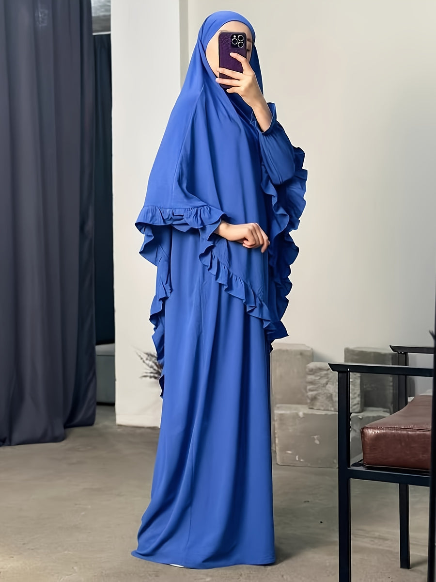 2pcs Set: Middle East Dubai 2pcs Set, Including 1 Solid Color Long Headscarf + 1 Long Robe, Women's Fashion Loose Robe Ramadan Prayer Outfit - Royal Blue