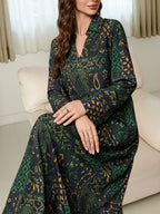 New Spring/Autumn Middle Eastern Style Elegant Women's Paisley Print Long Dress, Loose Fit Holiday Style Lapel Collar Long Sleeve Dress - Green