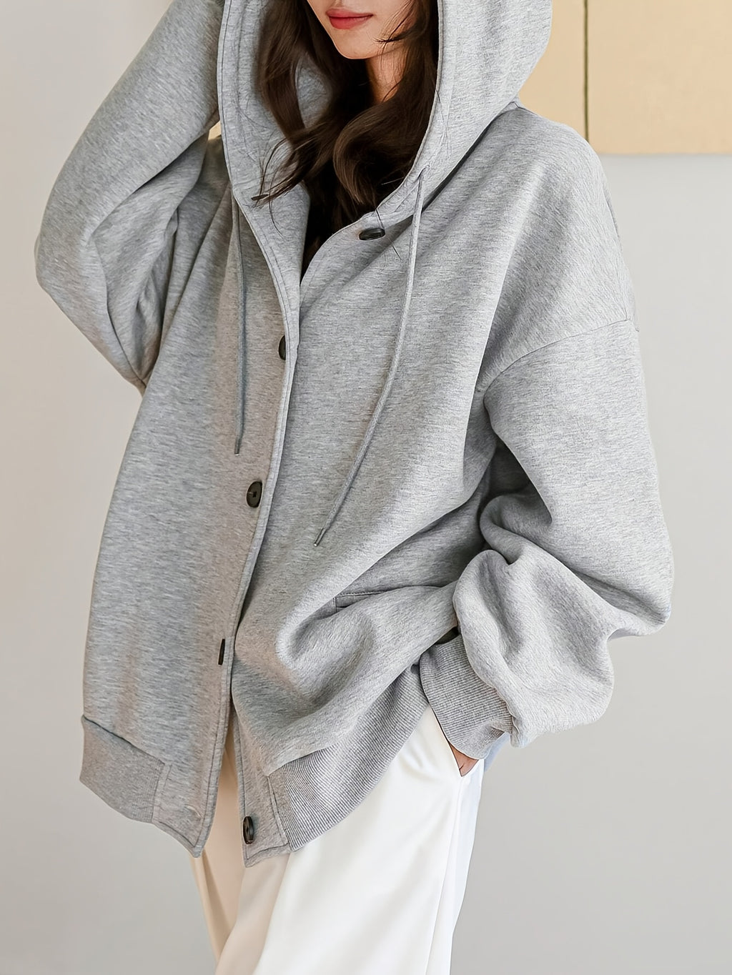 Plus Size, Plus-size Women's Thick Plush Hooded Loose Solid Color Sweatshirt, Suitable for Women, Autumn Apparel Jacket, Winter Warm Hoodie - Granny Gray