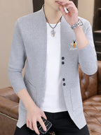 Embroidered Knitted Cardigan Men'S Spring And Autumn Trendy Brand Slim Fit Regular Sweater Cloak Coat Fashionable Versatile Knitted Shirt Trendy Handsome - Grey