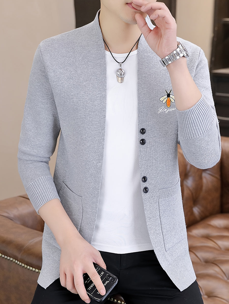 Embroidered Knitted Cardigan Men'S Spring And Autumn Trendy Brand Slim Fit Regular Sweater Cloak Coat Fashionable Versatile Knitted Shirt Trendy Handsome - Grey