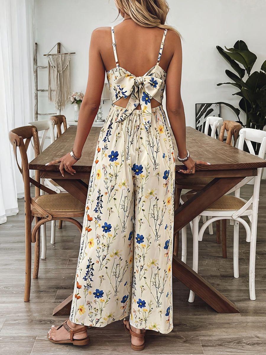 Women'S Casual Floral Print Spaghetti Strap Backless Jumpsuit, Back Tie Bow, Suitable for Spring And Summer Vacation, Elegant Jumpsuit, Flowy Wide-Leg Pants - Mixed colors