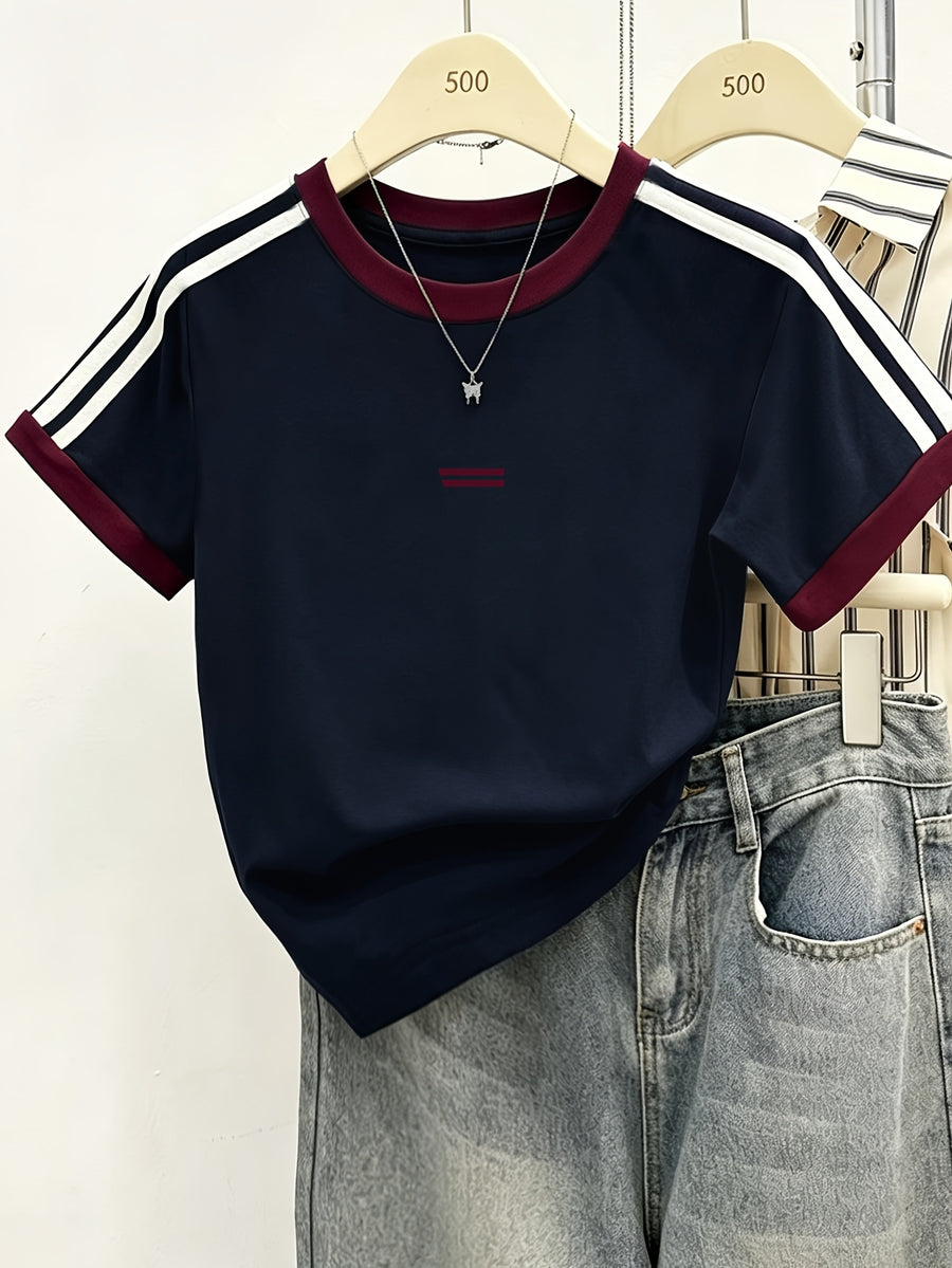 Women's Regular Shoulder-to-shoulder Fit, Round Neck, Color-blocked, Slim-fit, Simple Line Pattern Print, Trendy Niche, Casual, Minimalist, Y Short-sleeve T-shirt Top - Navy Blue 2