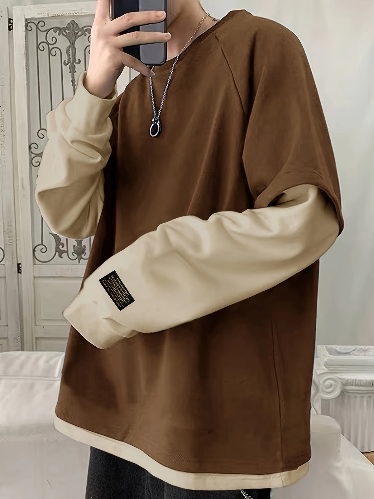 Spring/Autumn Round Neck 2-in-1 Look Long Sleeve Sweatshirt for Men, Loose Fit Versatile Casual Contrast Color Top - Khaki