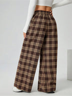 PETITE Women'S Autumn Winter Plaid Wide Leg Pants with Pockets - Brown