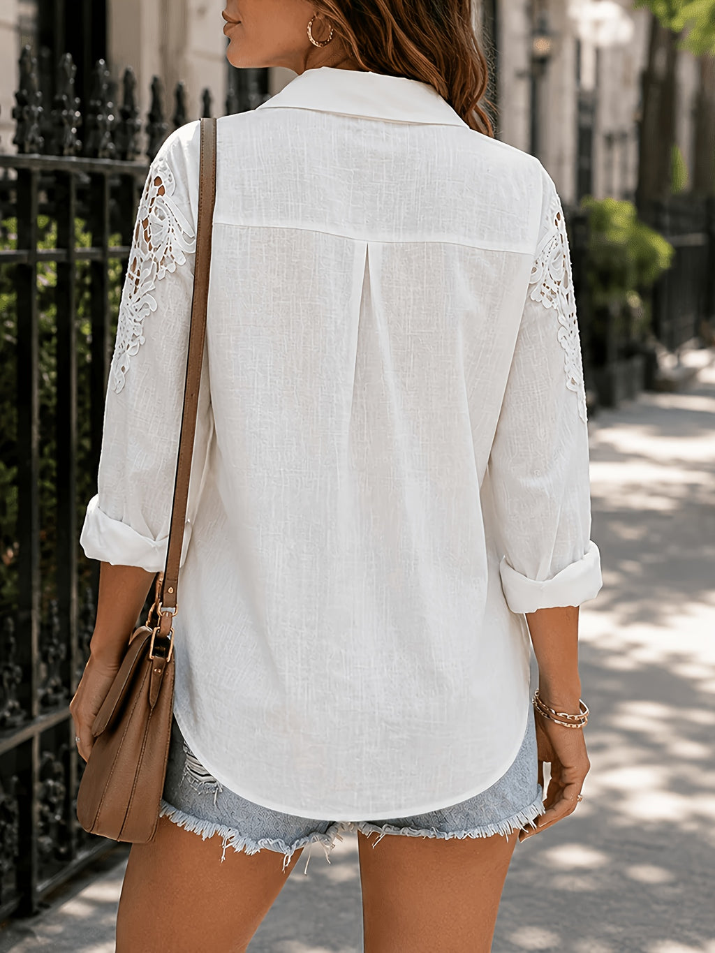 2026 Summer Solstice Women'S Lace Patchwork Shirt, Shirt, Lapel Shirt, Casual Loose Linen Top for Creating a Classic Beach Vacation Look, Can Be Paired with This Shirt, Paired with Distressed Denim Shorts And Straw Additions - White