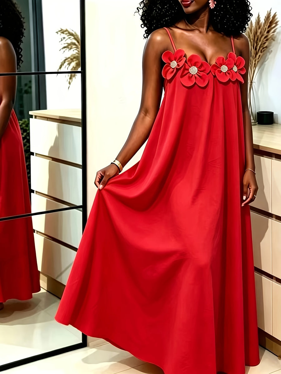 New Outing Party French Heavy Embroidery 3D Floral Sleeveless Cami Dress Loose Long Backless Vacation Light Dress - Red