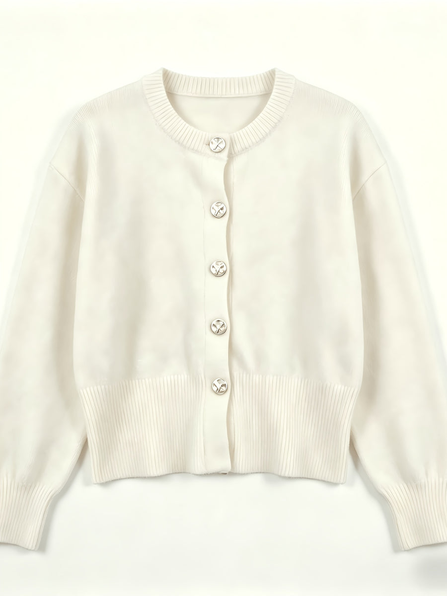 Cozy Women's Cardigan with Floral Button Accents, Soft Stylish Cardigan for Casual Daily Wear - White