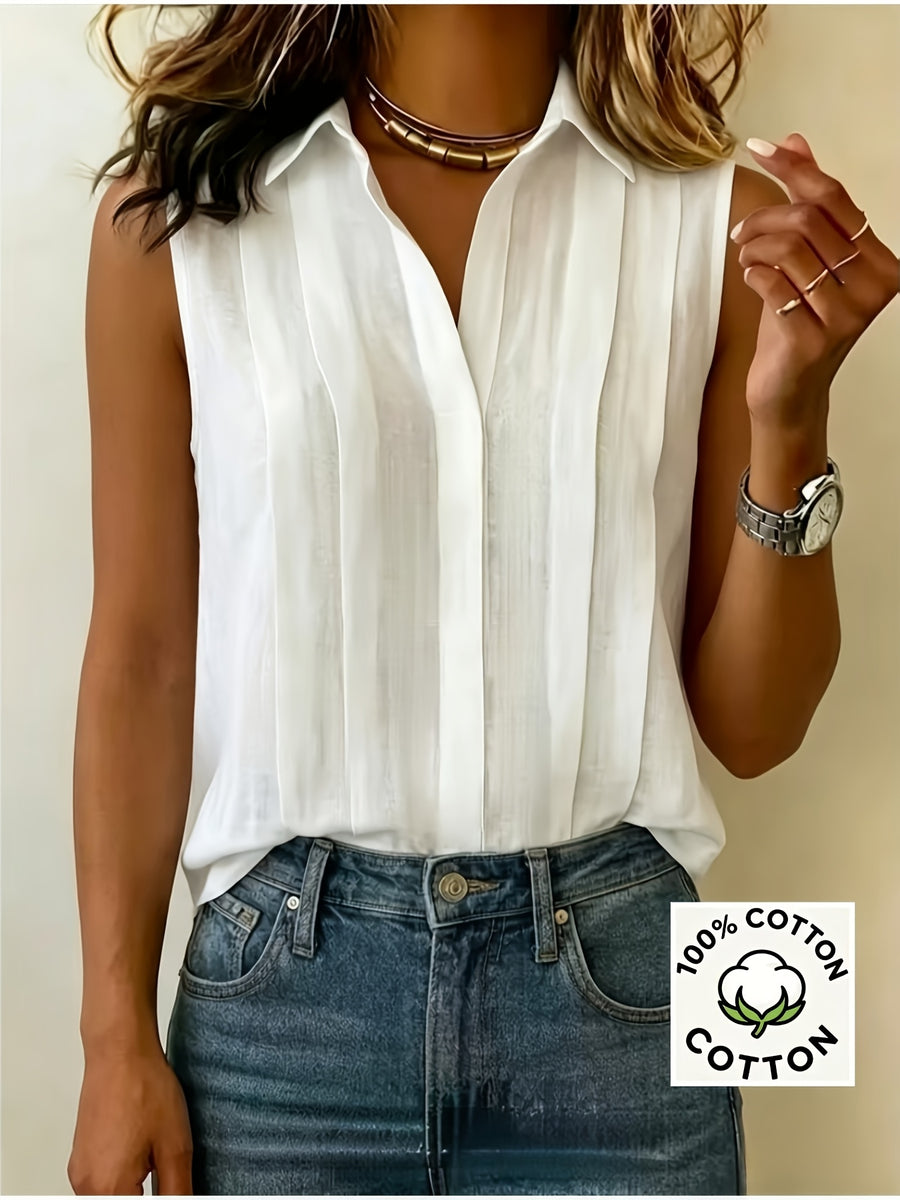 Pleated Design Statement Sleeveless Shirt, Women'S Lapel V-Neck Loose All-Match Summer Commute Top - White