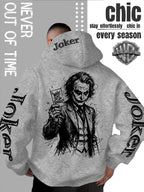 WB Warner Bros. Official Licensed Men's Joker Hooded Sweatshirt - Iconic Joker Portrait Print Hoodie, Soft Pilling-Resistant Fabric, Loose Fit Streetwear Pullover Suitable for Autumn/Winter, Machine Washable for Home, Outings & Joker-Themed Apparel - Light Grey