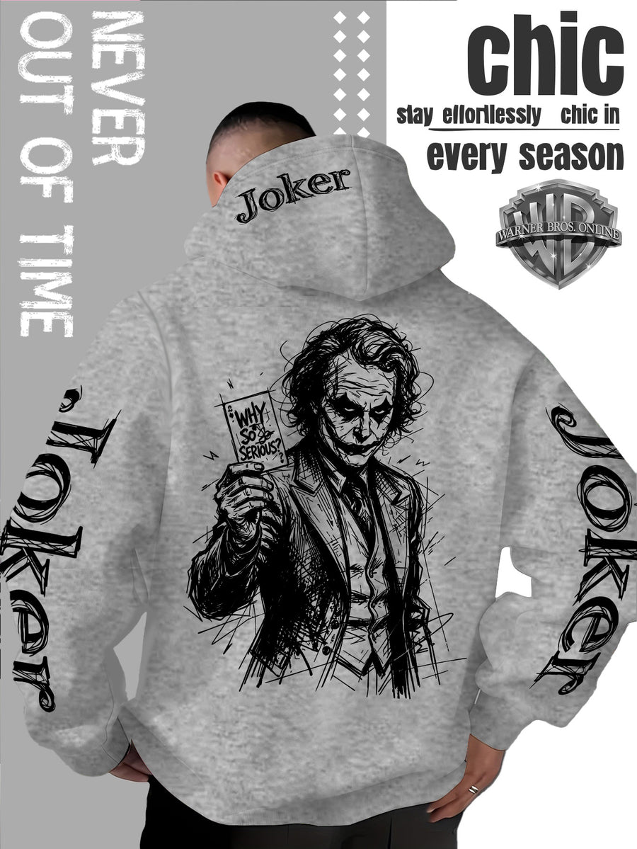 WB Warner Bros. Official Licensed Men's Joker Hooded Sweatshirt - Iconic Joker Portrait Print Hoodie, Soft Pilling-Resistant Fabric, Loose Fit Streetwear Pullover Suitable for Autumn/Winter, Machine Washable for Home, Outings & Joker-Themed Apparel - Light Grey