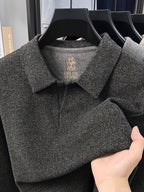 Men's Solid Color Long-Sleeve Polo Knit Shirt, Soft and Skin-Friendly Blended Yarn Polo Shirt, Semi-Open Collar for Easy Wear and Universal Fit, Suitable for Daily Commuting, Visiting Friends and Family, Casual Loose-Fit Long-Sleeve T-Shirt - Black