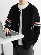 Autumn/Winter Men's Knitted Cardigan Coat, Academic Style Loose Fit Casual Thick Sweater, Trendy Brand Student Striped Patchwork Jacket MDKL-5017 - Black