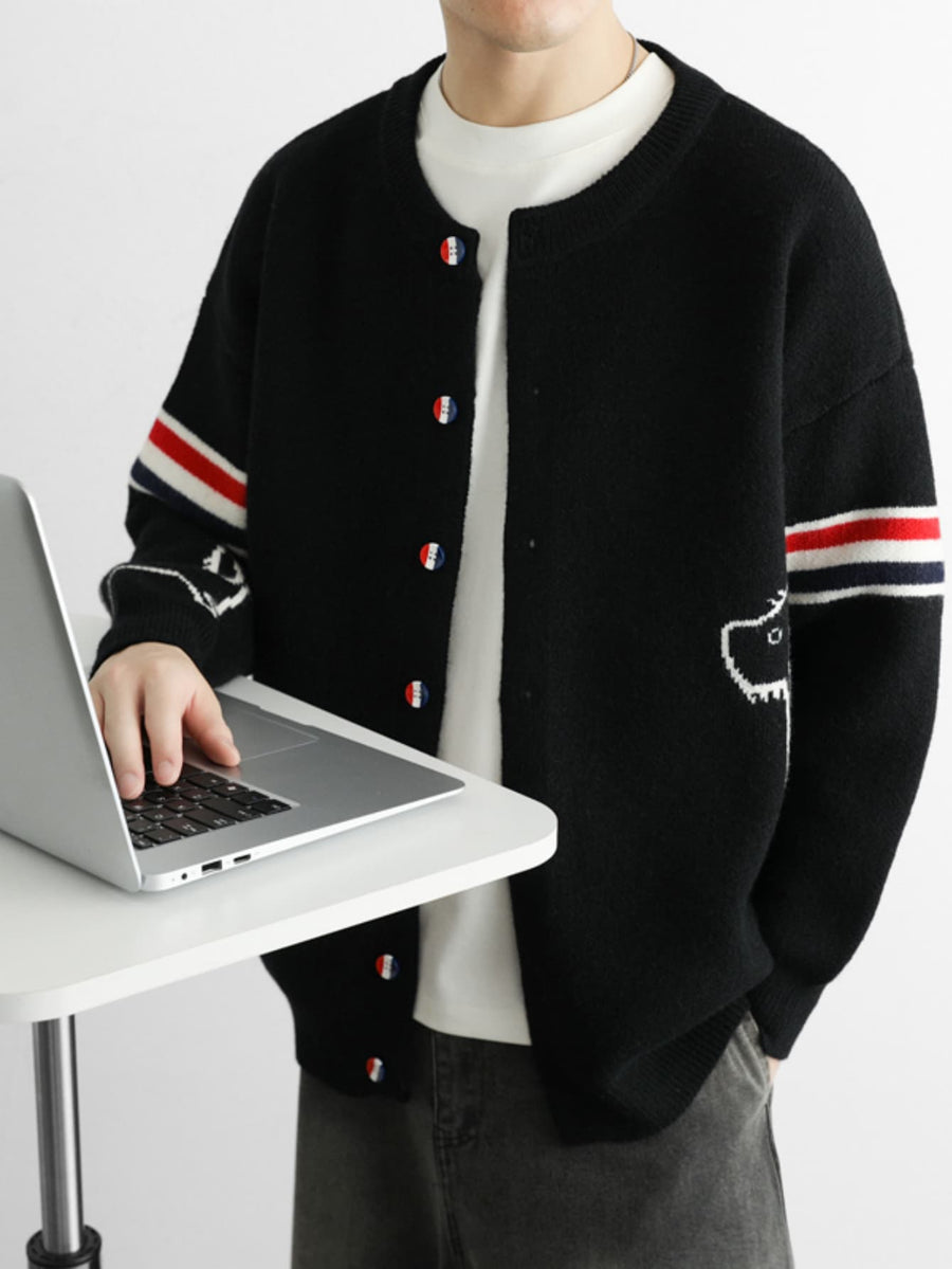 Autumn/Winter Men's Knitted Cardigan Coat, Academic Style Loose Fit Casual Thick Sweater, Trendy Brand Student Striped Patchwork Jacket MDKL-5017 - Black