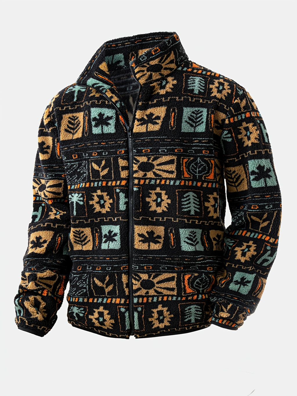 1pc Reversible Plush Print Ethnic Style Zip-Up Jacket, Men'S Casual Jacket, Men'S Fleece Jacket - Black