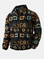 1pc Reversible Plush Print Ethnic Style Zip-Up Jacket, Men'S Casual Jacket, Men'S Fleece Jacket - Black
