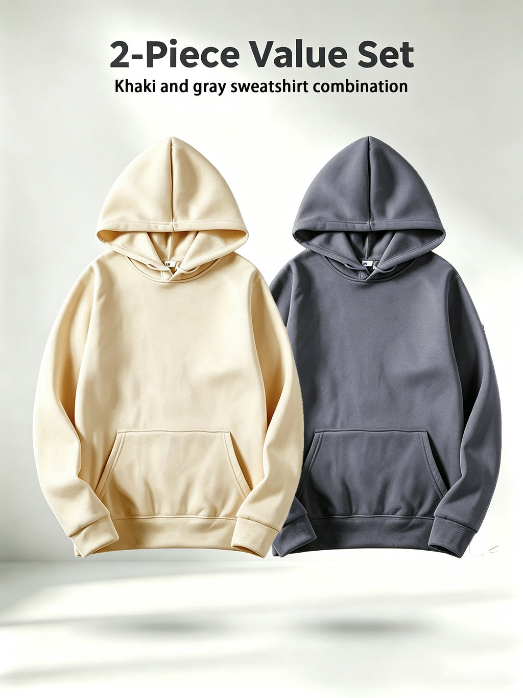 Discount 2pcs Solid Color Basic Hoodie Men'S Loose All-Match Drop Shoulder Long Sleeve Top Casual Pullover Sweatshirt - Khaki+Dark Grey