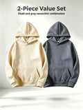 Discount 2pcs Solid Color Basic Hoodie Men'S Loose All-Match Drop Shoulder Long Sleeve Top Casual Pullover Sweatshirt - Khaki+Dark Grey