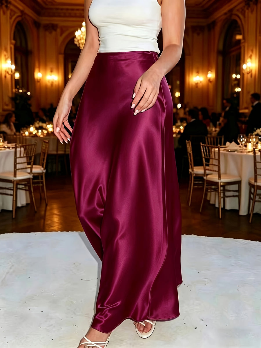 French-Style Elegant Satin Midi Skirt, Flowy A-Line Flared Skirt, Mature-Chic High-End Gown - Burgundy