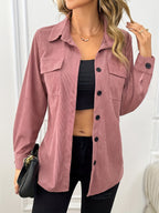 Elegant Casual Solid Color Ribbed Shirt for Women - Long Sleeve, Button-Up with Chest Pocket, Light Pink, Perfect for Spring/Summer, Spring Fashion Top | Classic Collar Design | Nonelastic Fabric - Pink