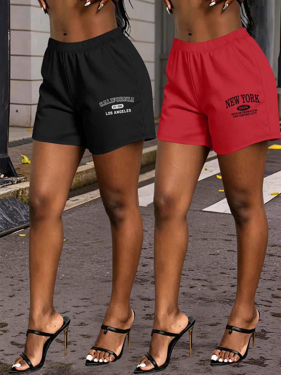 2026 Spring/Summer New American New York Los Angeles Letter Print Casual Comfortable Individual Outing Fashion Outfit Leg Lengthening Light Elastic Waist Side Pockets Women'S Bottom Shorts 2pcs Set - Black+red