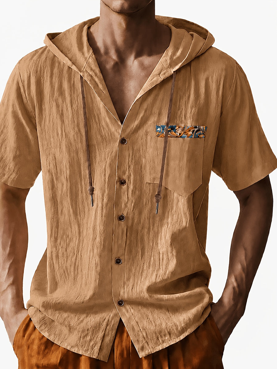 Men's Short Sleeve Hooded Shirt, Casual Button Hoodie Top with Chest Pocket, Lightweight Breathable Summer Shirt for Beach Vacation, Travel, Resort Wear, Outdoor Leisure, Streetwear Style and Daily Casual Outfit - Yellowish-brown