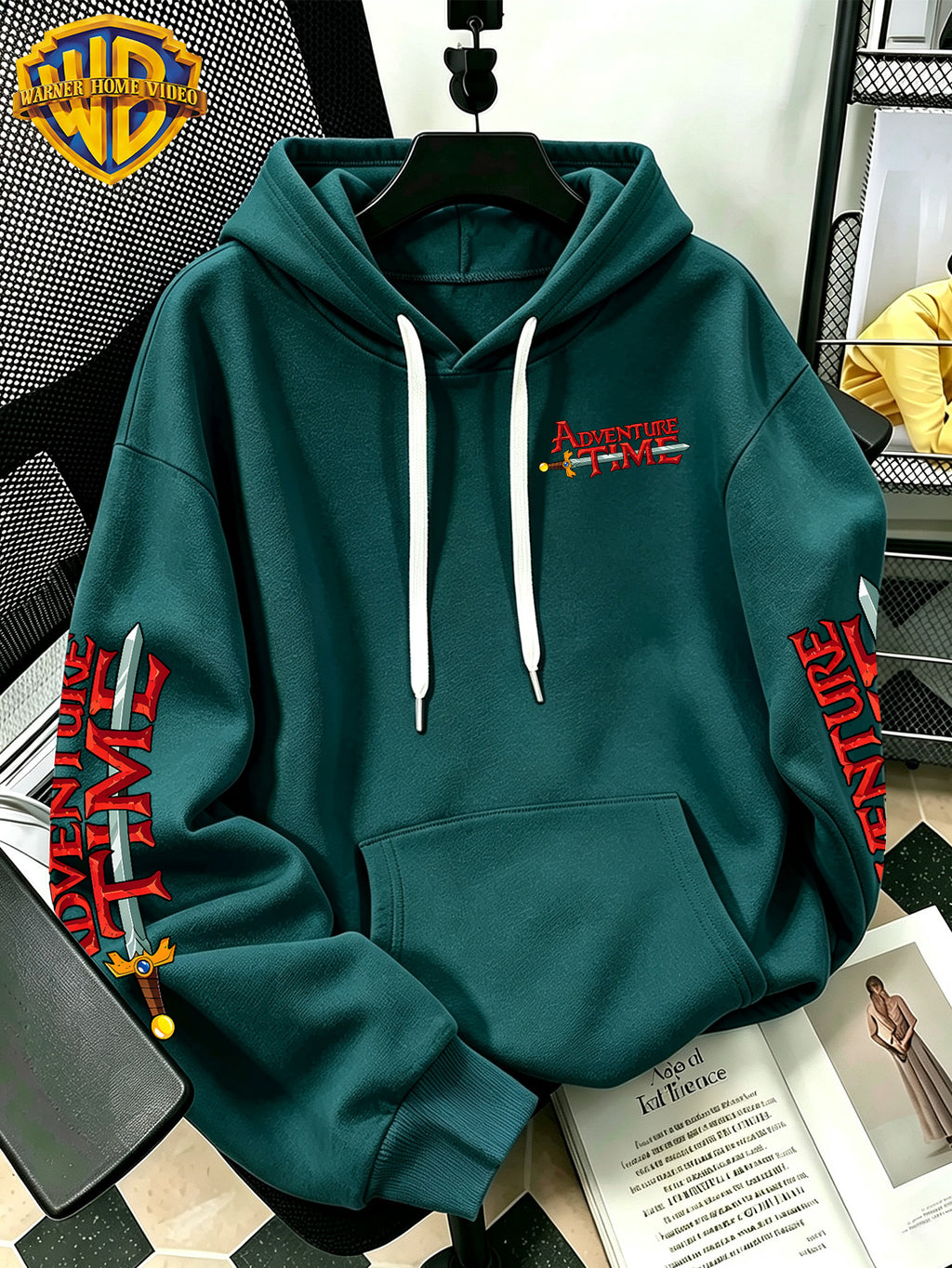 Warner Bros. Men's New Trendy Hoodie, Adventure Time Full Cast Collection Cartoon Graphic Print, Casual Hooded Sweatshirt, Daily Drawstring Loose Pullover Top, Machine Washable Versatile Sporty Casual Men's Top - Green