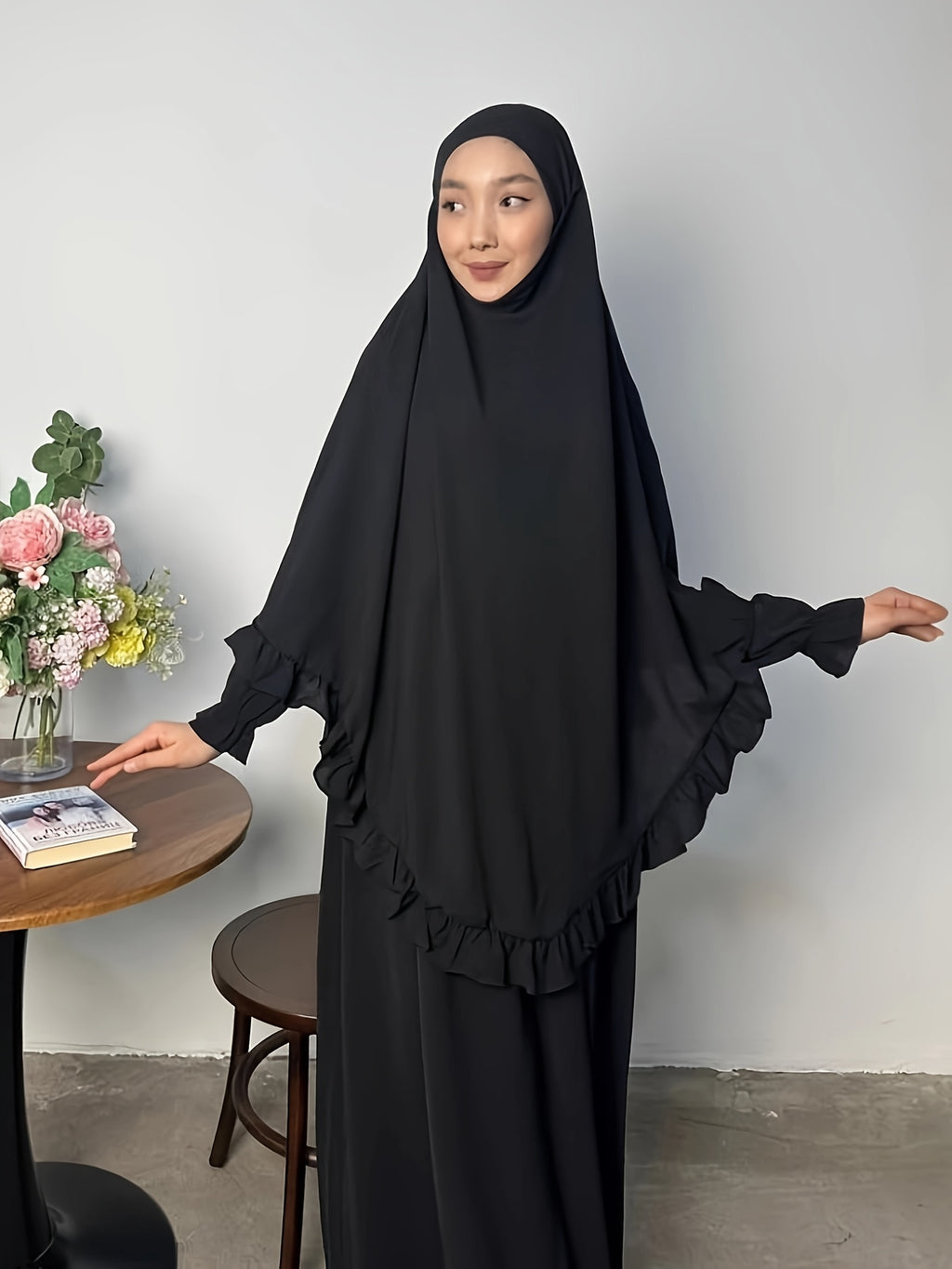 2pcs Set: Middle East Dubai 2pcs Set, Including 1 Solid Color Long Headscarf + 1 Long Robe, Women's Fashion Loose Robe Ramadan Prayer Outfit - Black
