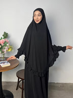 2pcs Set: Middle East Dubai 2pcs Set, Including 1 Solid Color Long Headscarf + 1 Long Robe, Women's Fashion Loose Robe Ramadan Prayer Outfit - Black