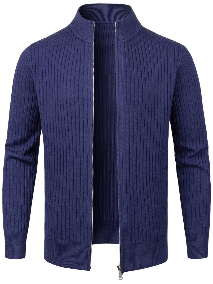 2026 Spring/Fall New Men'S Knitted Rib-Striped Zip-Up Cardigan | Stand Collar, Medium Stretch Fabric, Long Sleeve, Casual And Versatile Fit Minimalist Layering - Royal Blue
