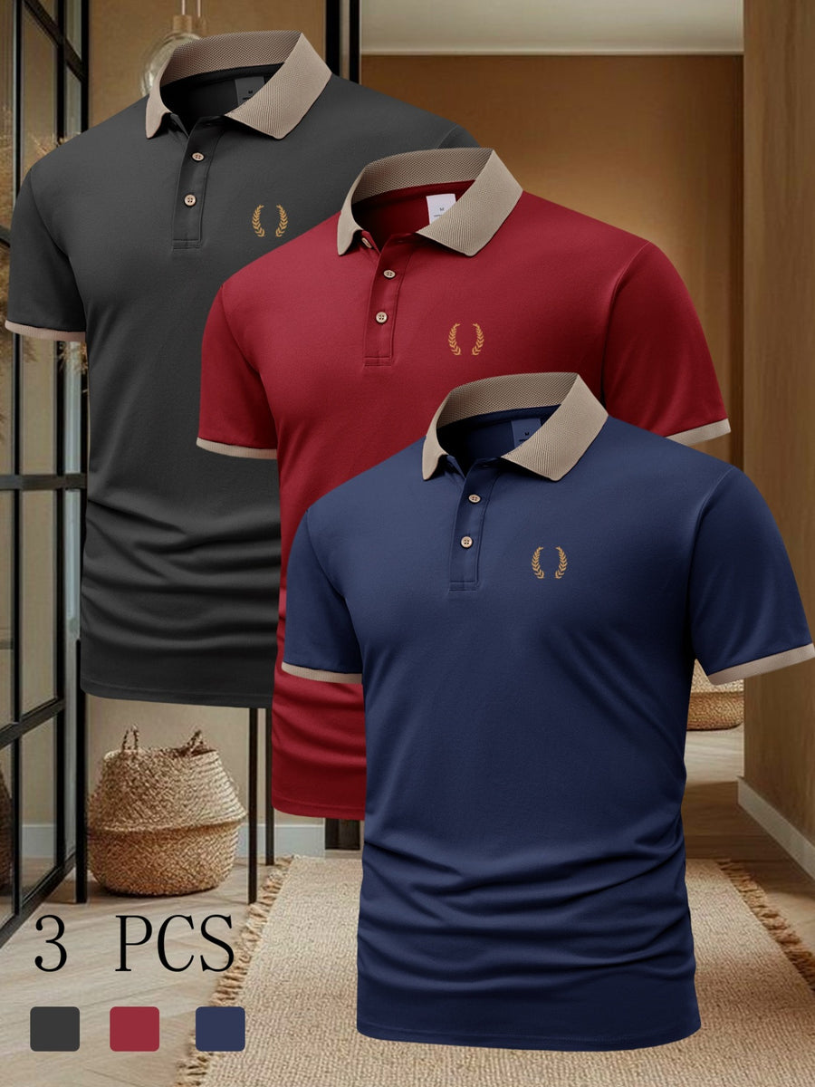 FC660 Wheat Print Pattern 3pcs Set Summer Men'S Casual Short-Sleeved POLO Shirt Lapel Top Fashion Casual Daily Business Top - Black+Burgundy+Navy Blue