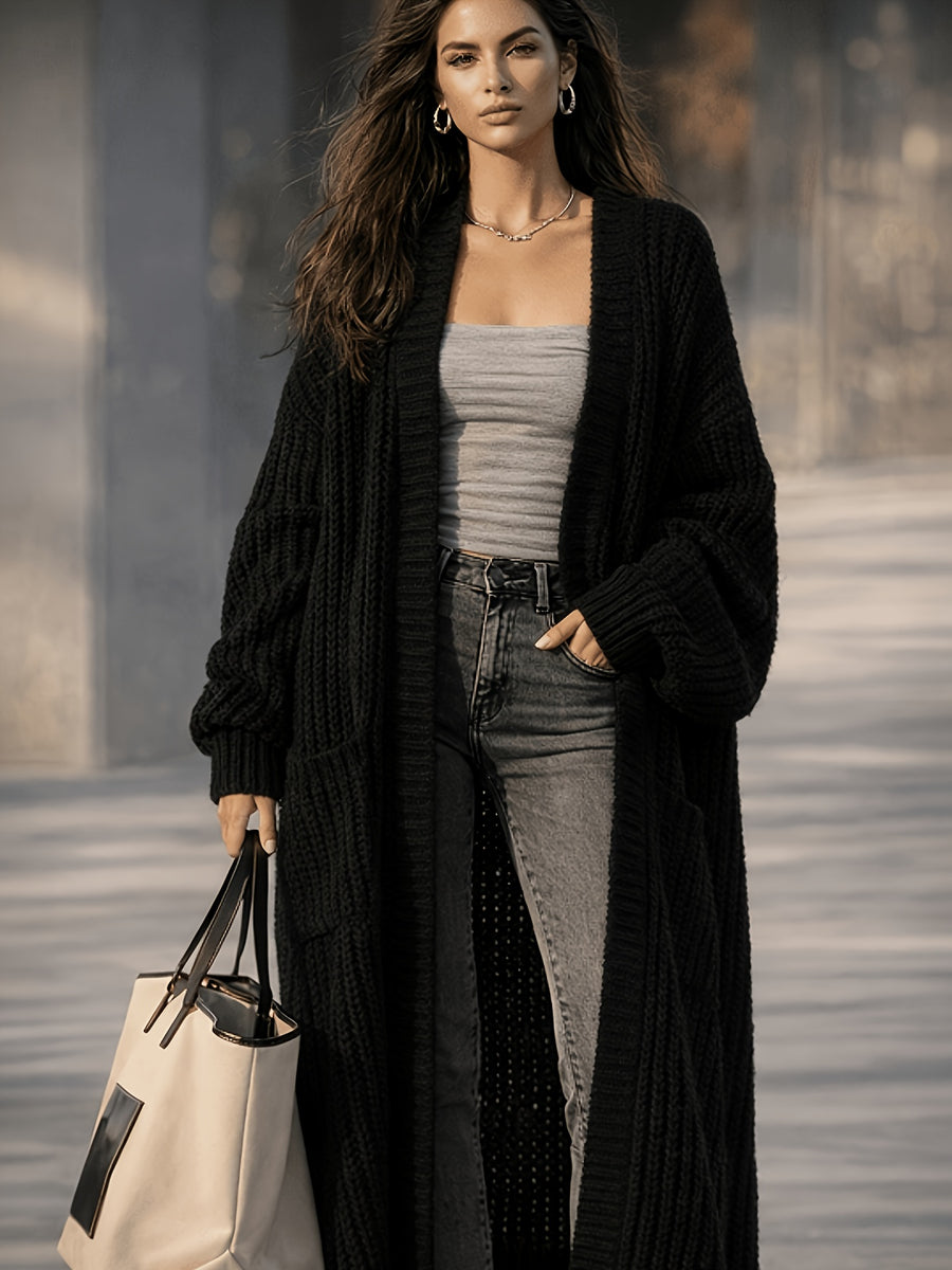 Women'S Solid Color Cardigan Sweater, Casual Long Sleeve Open Front Cardigan - Black