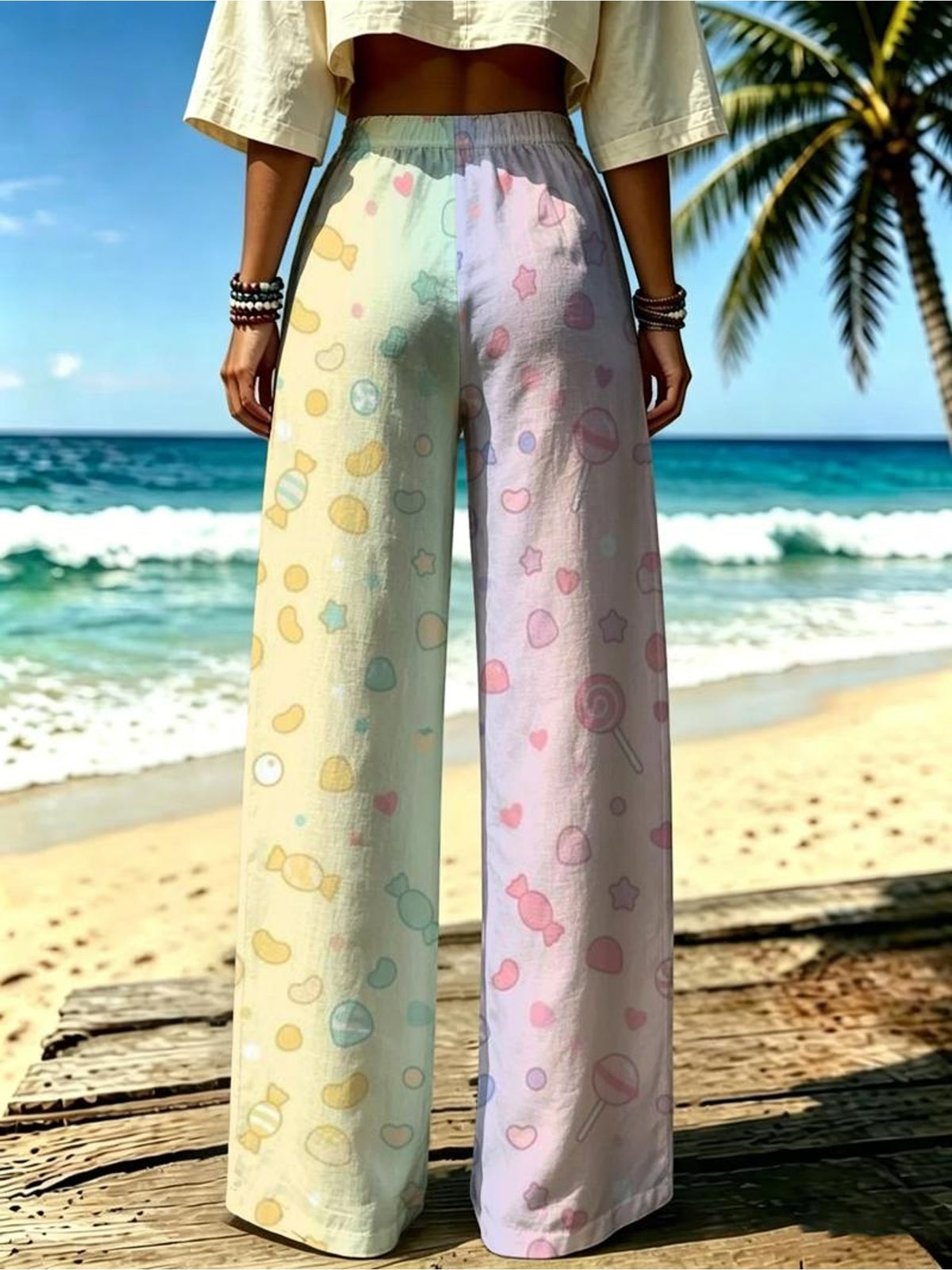 Women'S Casual Wide-Leg Pants, Soft Ombre Heart Decoration Pattern, Suitable for Women Seeking Relaxed Atmosphere, Ideal for Vacation And Home Wear [Print Design - No Texture] - Mixed colors