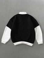 New Autumn Winter Men'S Half-Zip Stand-Up Collar Sweatshirt, Black And White Irregular Patchwork Design, Trendy Print, Double Sleeve Vertical Same Font Logo, Suitable for Campus Outings, Urban Commuting, Street Exploration, Short Outdoor Trips - Black