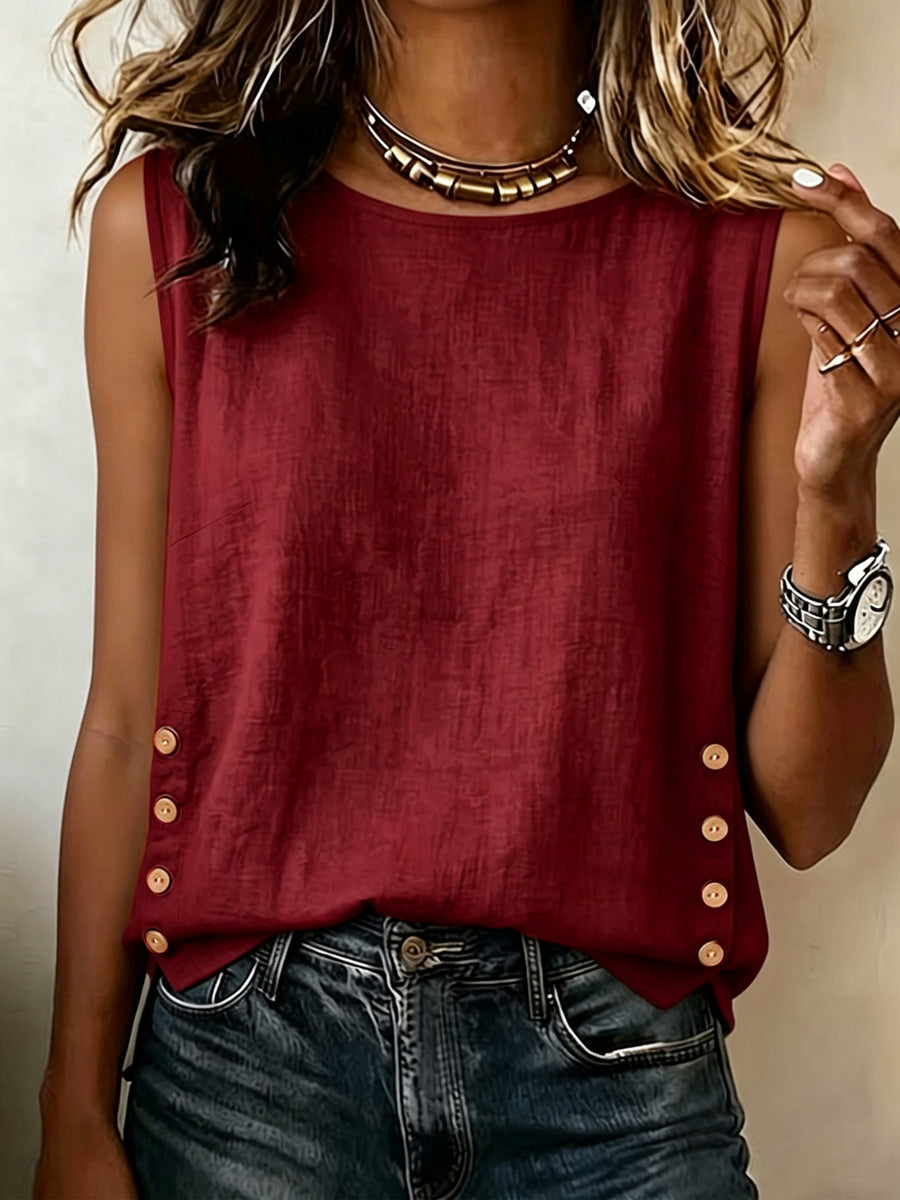Summer Minimalist Style Round Neck Side-Button Versatile Sleeveless Shirt - Burgundy