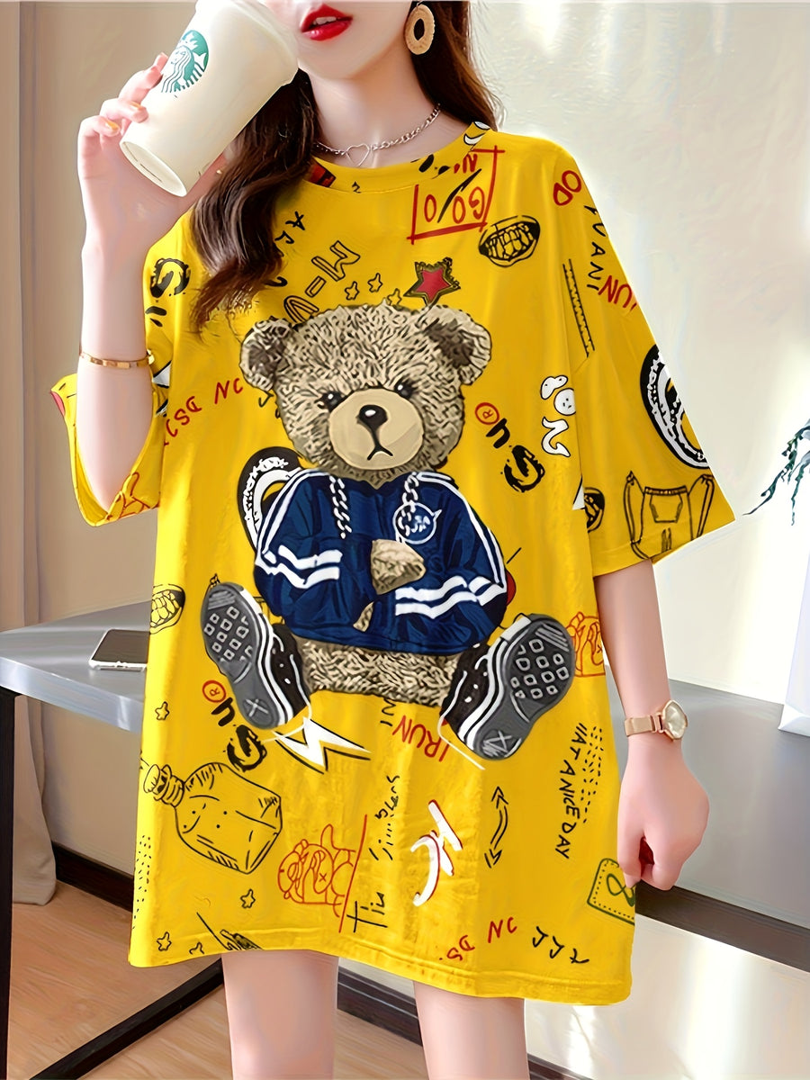 Summer New Large Size Loose Fashion Trend Slim Cartoon Round Neck Print Ladies Women'S Medium And Long Short-Sleeved T-Shirt Clothes - Yellow