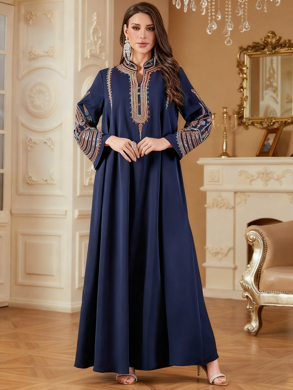 1pc Elegant Dubai Floral Embroidery Abaya Dress - Long Sleeve Non-Stretch Fabric, All-Season Middle Eastern Style Conservative Women'S Dress - Navy Color